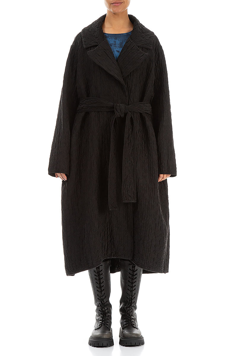 Wide Collar Black Quilted Silk Coat 1
