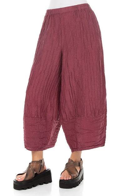 Pantalon court et large en lin et soie rubis antique froissé