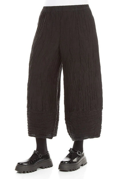 Wide Cropped Crinkled Black Silk Linen Trousers