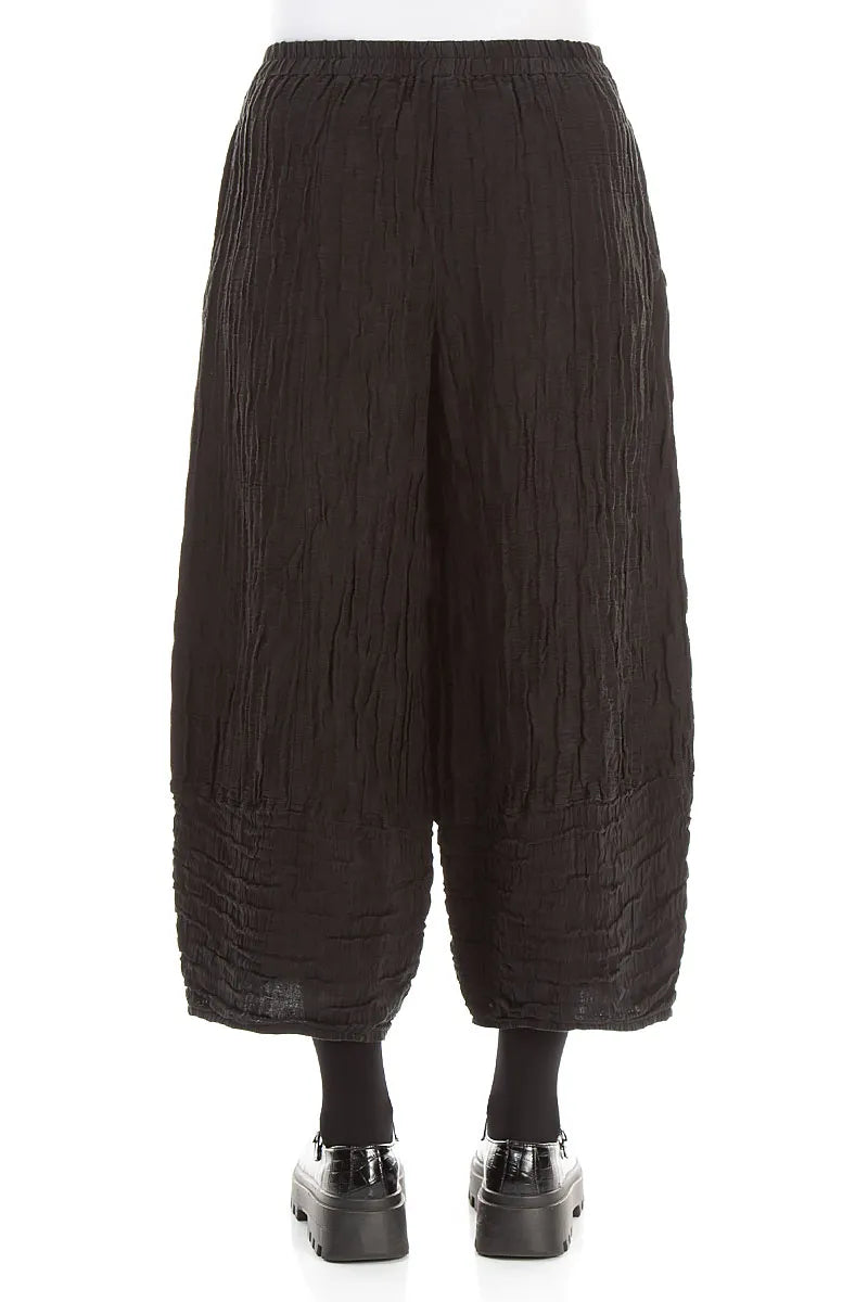 Wide Cropped Crinkled Black Silk Linen Trousers 2