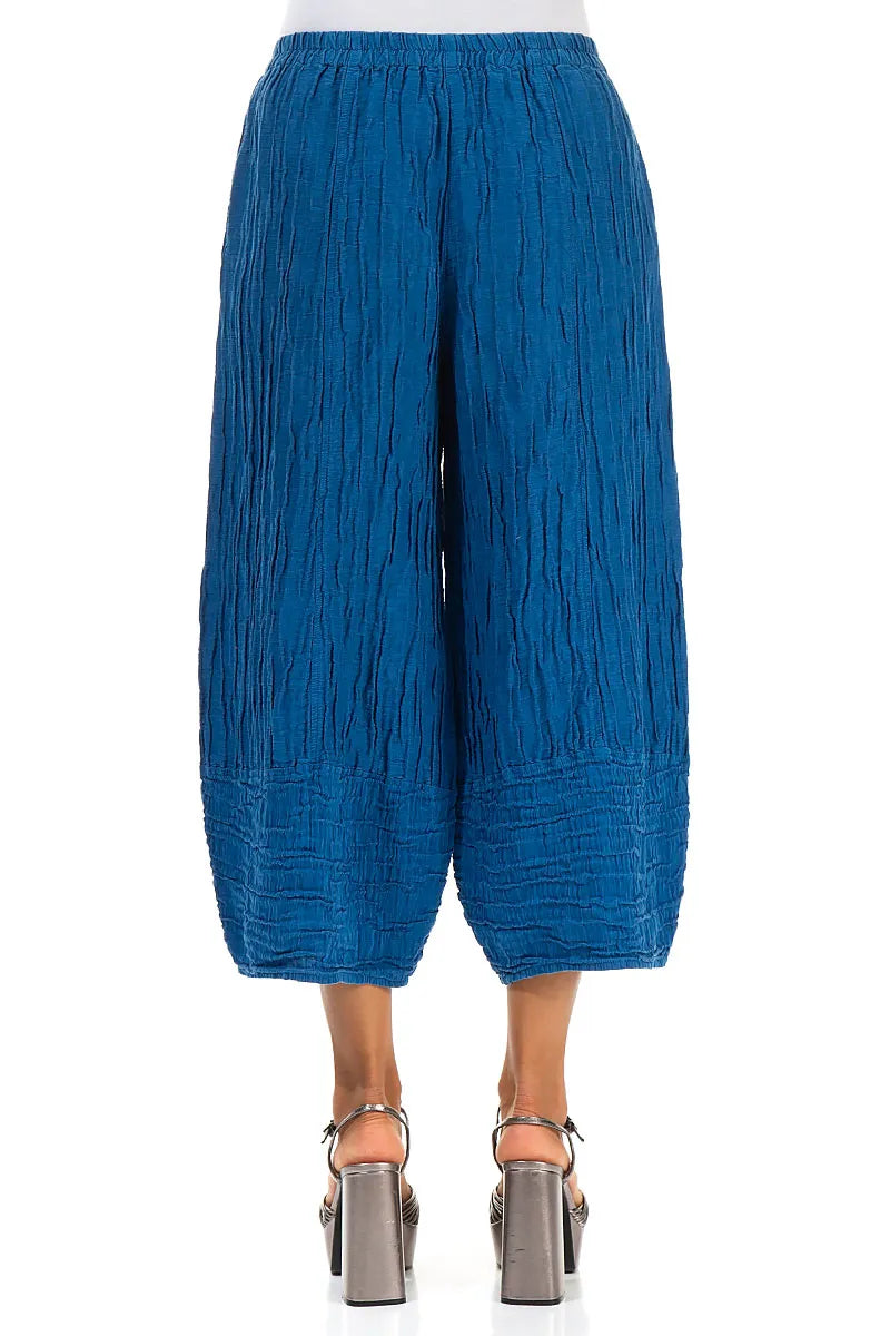 Wide Cropped Crinkled Cobalt Blue Silk Linen Trousers 2