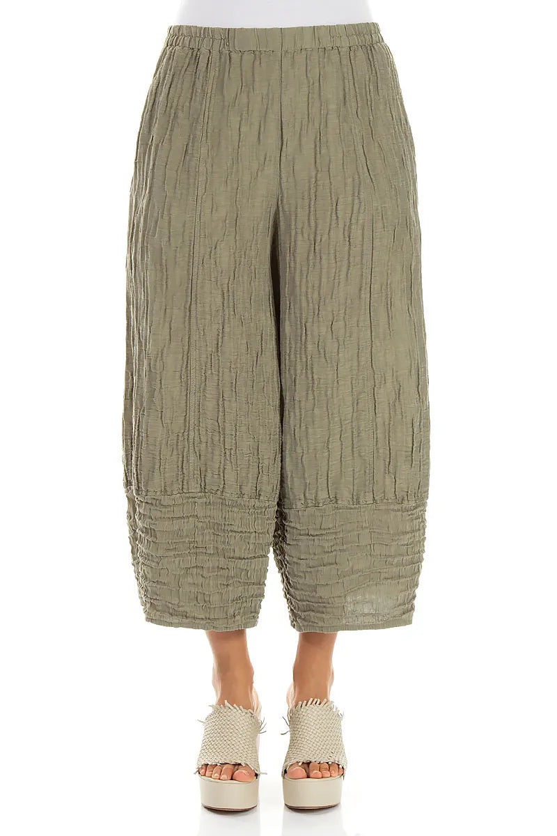 Wide Cropped Crinkled Light Khaki Silk Linen Trousers 1