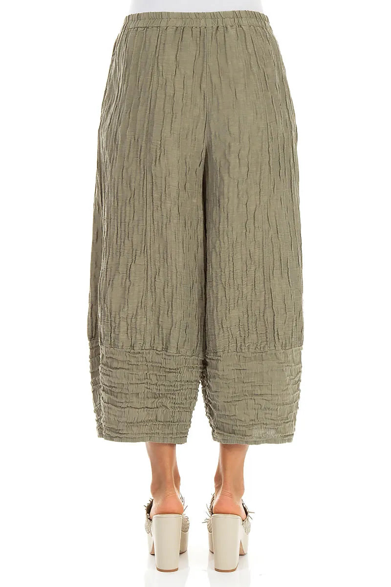 Wide Cropped Crinkled Light Khaki Silk Linen Trousers 2