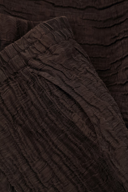 Wide Cropped Crinkled Truffle Brown Silk Linen Trousers