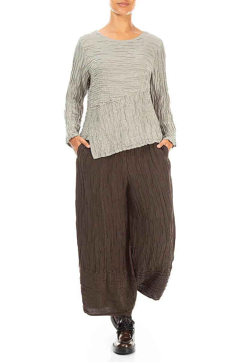 Wide Cropped Crinkled Truffle Brown Silk Linen Trousers