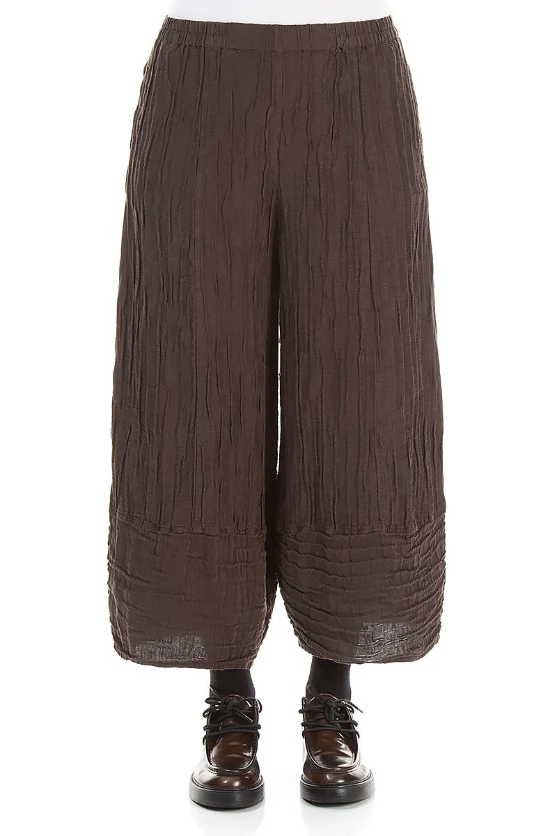 Wide Cropped Crinkled Truffle Brown Silk Linen Trousers