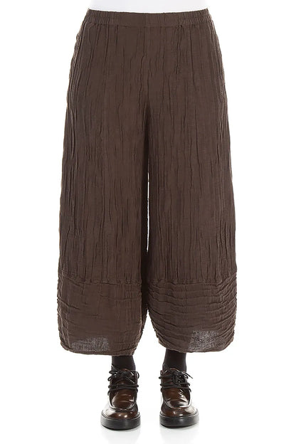 Wide Cropped Crinkled Truffle Brown Silk Linen Trousers