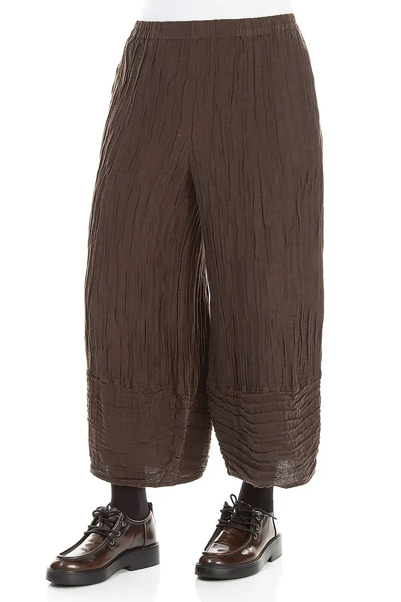 Wide Cropped Crinkled Truffle Brown Silk Linen Trousers