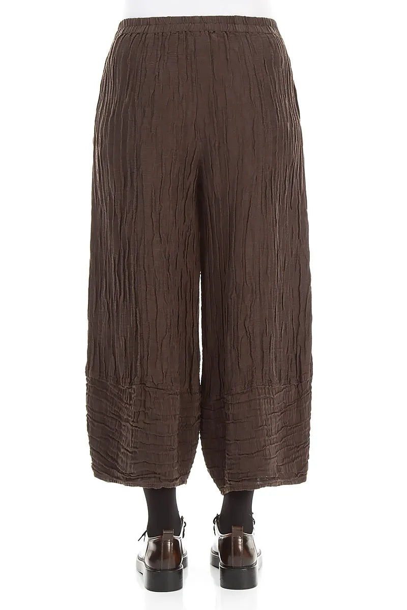Wide Cropped Crinkled Truffle Brown Silk Linen Trousers