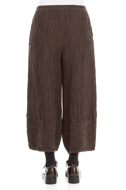 Wide Cropped Crinkled Truffle Brown Silk Linen Trousers