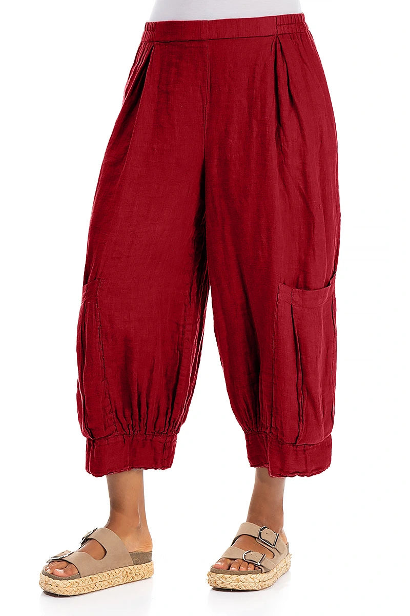 Wide Cropped Red Gauze Linen Trousers 3