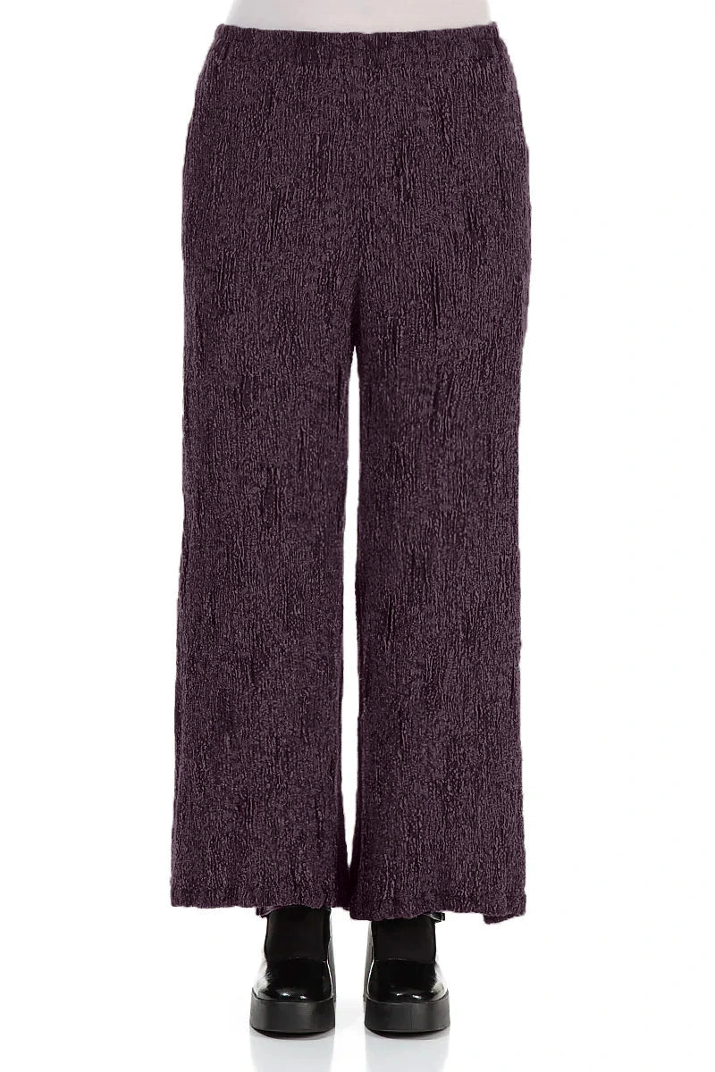 Pantalon large couleur prune foncé, en Soie et Lin texturés