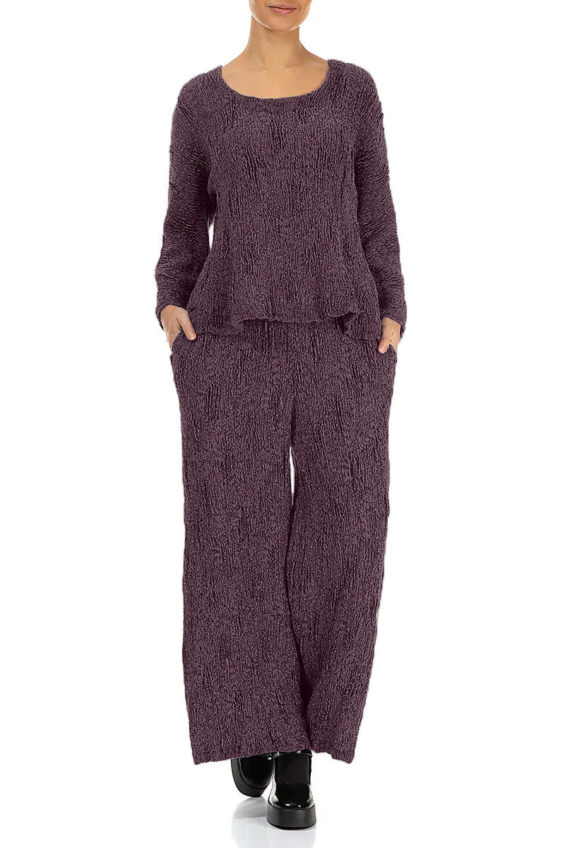 Wide Deep Plum Textured Silk Linen Trousers