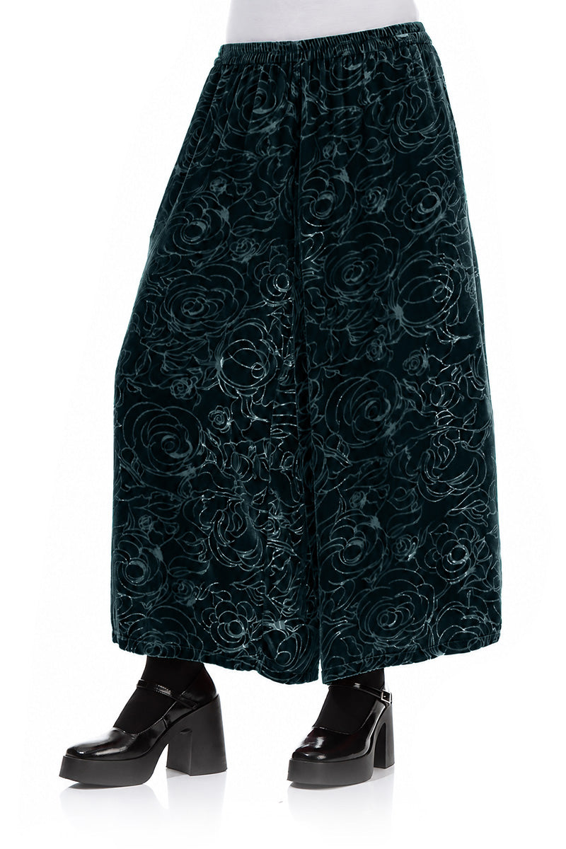 Wide Devoré Roses Deep Turquoise Silk Velvet Trousers