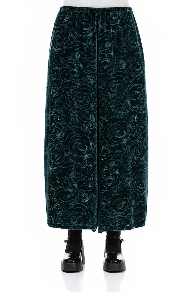 Wide Devoré Roses Deep Turquoise Silk Velvet Trousers