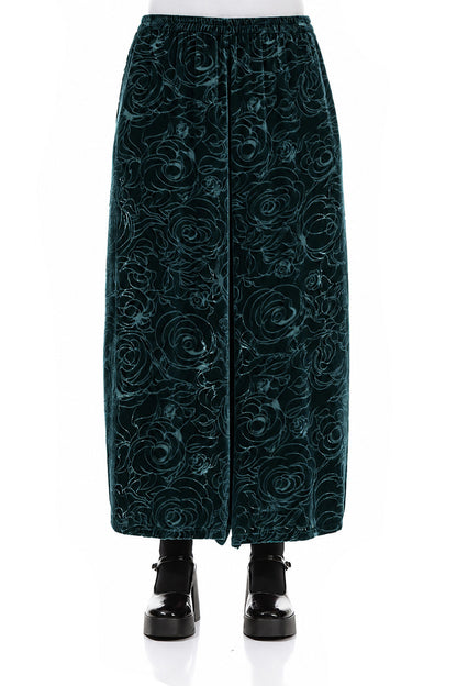 Wide Devoré Roses Deep Turquoise Silk Velvet Trousers