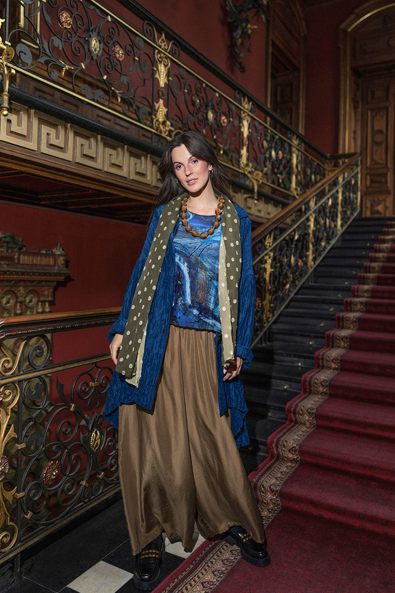 Wide Flowy Aged Copper Pure Silk Trousers 6
