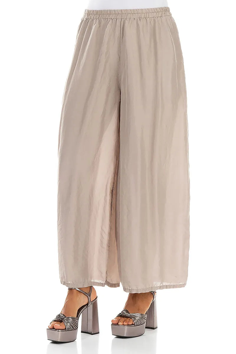 Wide Flowy Beige Pure Silk Trousers 3