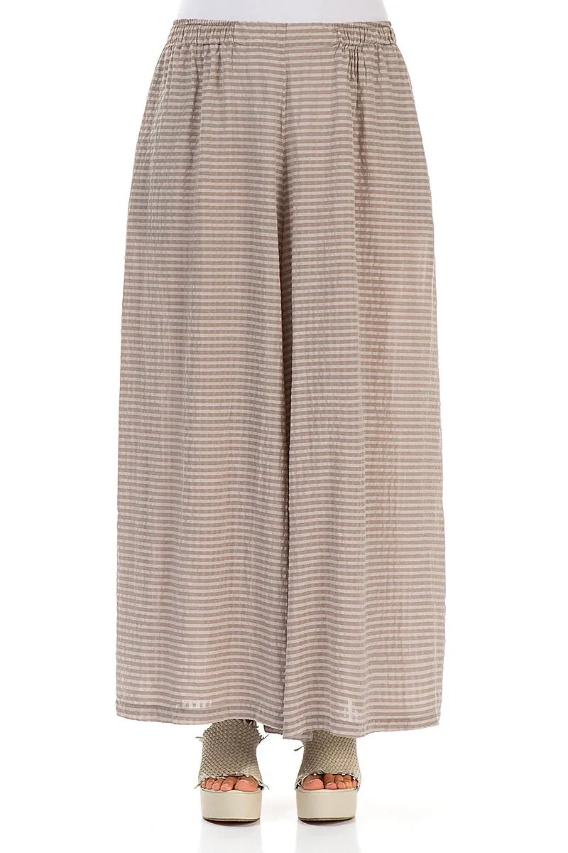 Wide Leg Beige Textured Silk Trousers 1