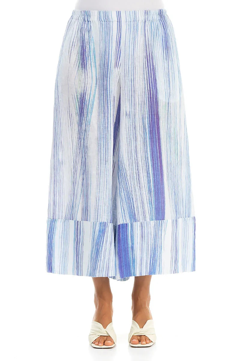 Weite Beinbündchen Blau Gestreifte Leinen Culottes