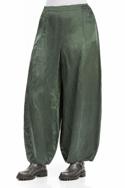 Wide Long Olive Silk Linen Trousers 3