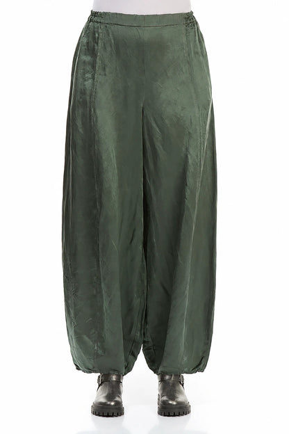 Wide Long Olive Silk Linen Trousers 1