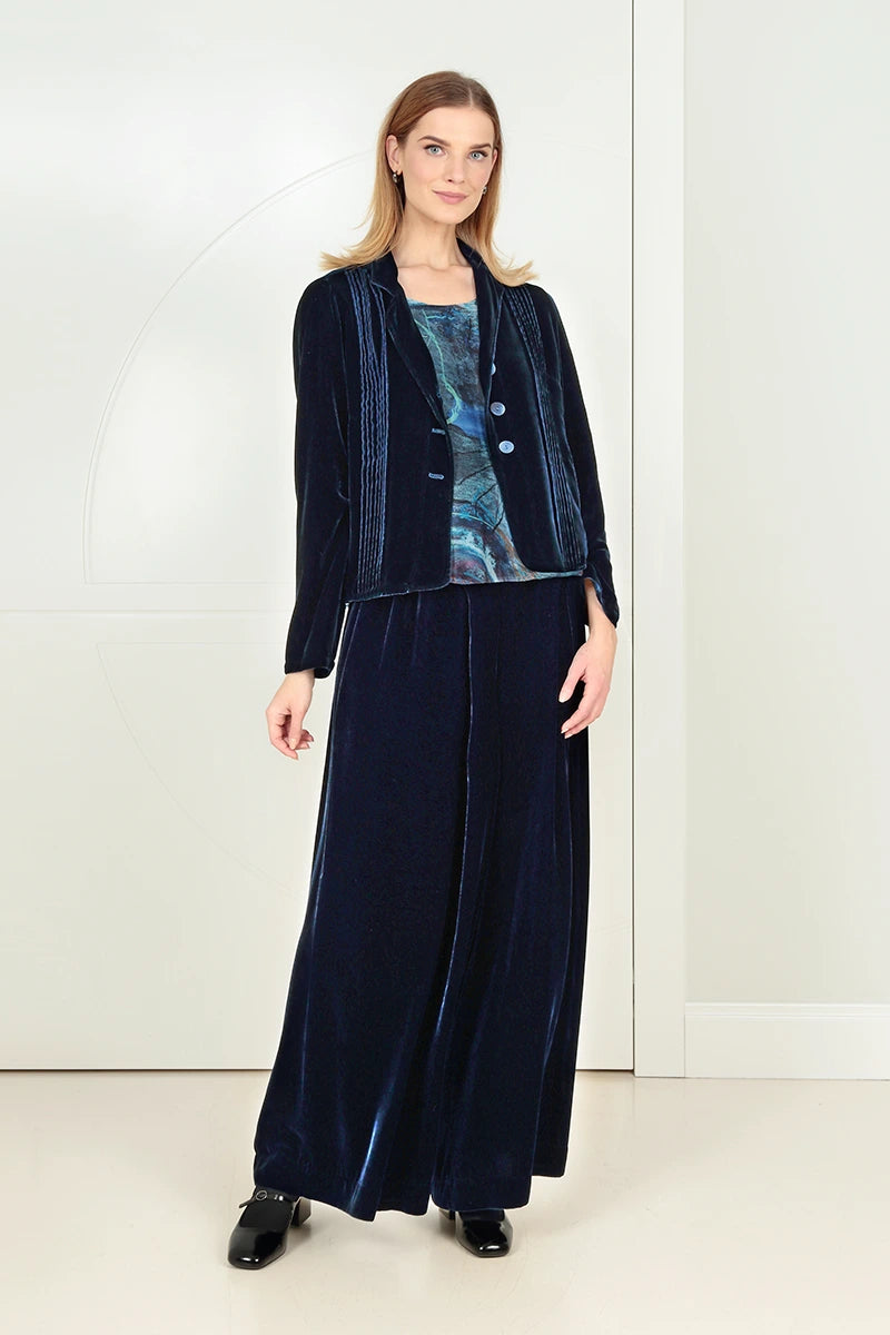 Wide Long Royal Blue Silk Velvet Trousers