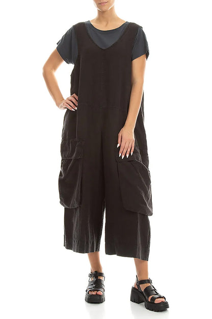 Wide Loose Black Linen Jumpsuit 4