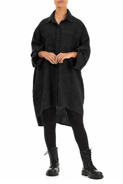 Wide Loose Black Linen Shirt