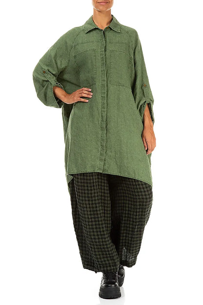 Wide Loose Dark Sage Linen Shirt 4