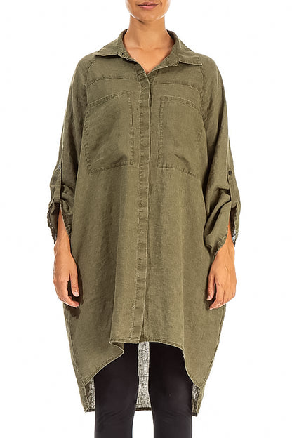 Wide Loose Khaki Linen Shirt