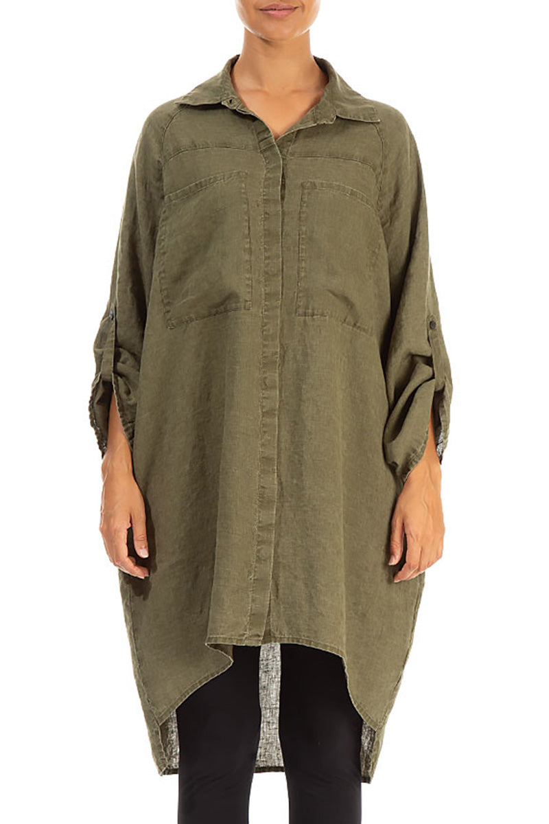 Wide Loose Khaki Linen Shirt 1