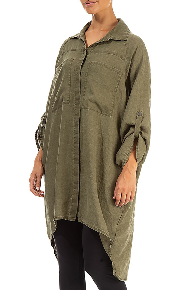 Wide Loose Khaki Linen Shirt 3