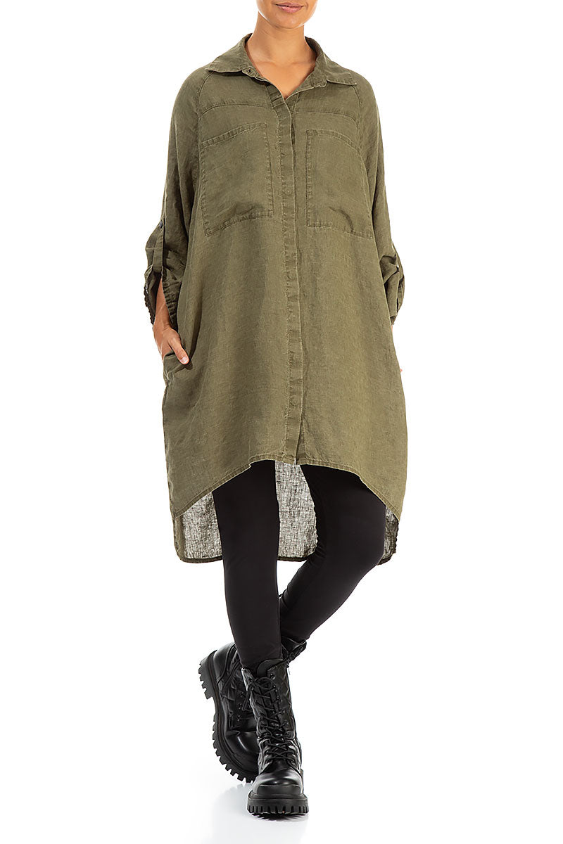 Wide Loose Khaki Linen Shirt 4