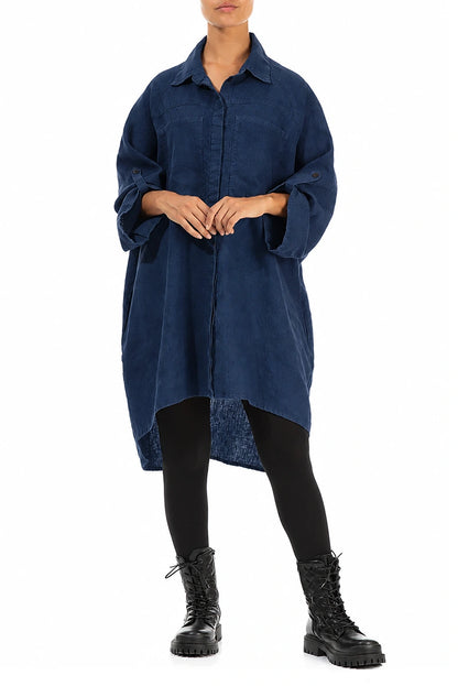 Wide Loose Royal Blue Linen Shirt