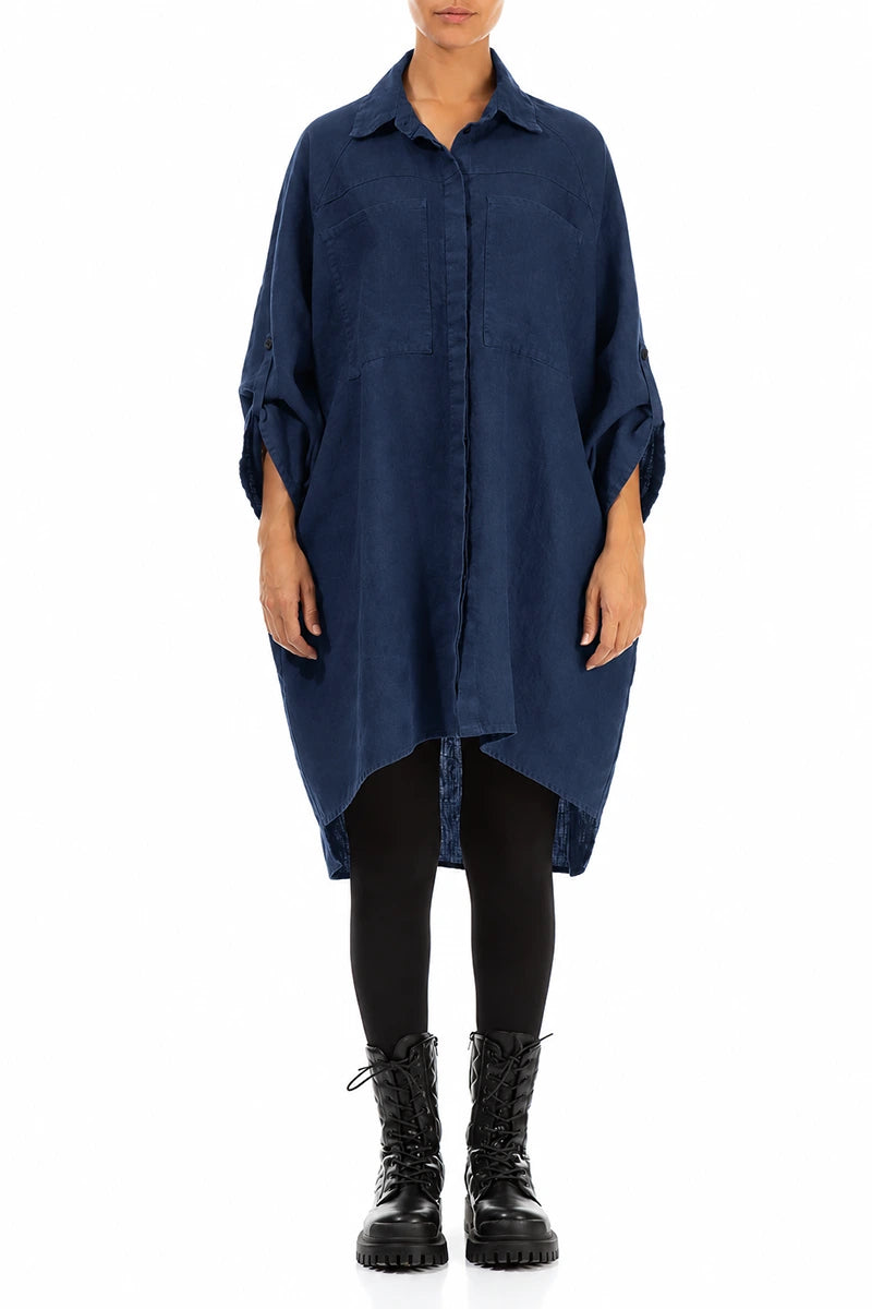 Wide Loose Royal Blue Linen Shirt