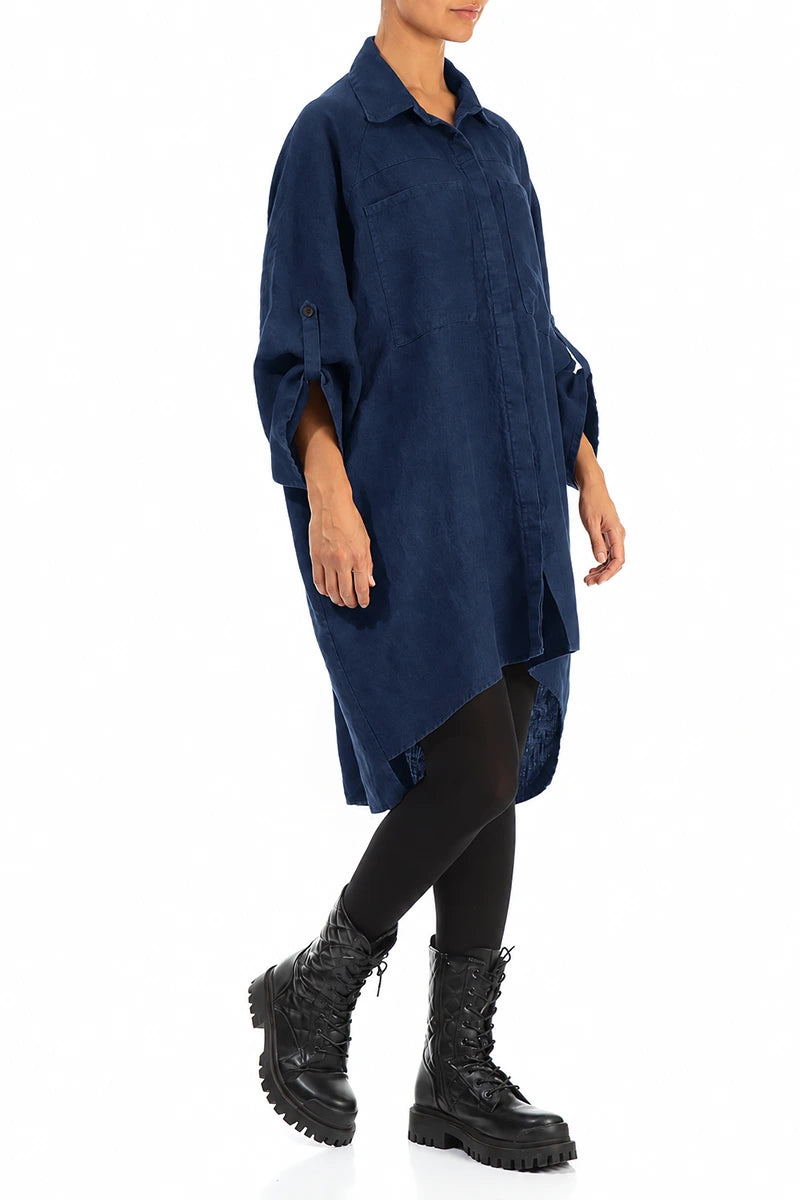Wide Loose Royal Blue Linen Shirt