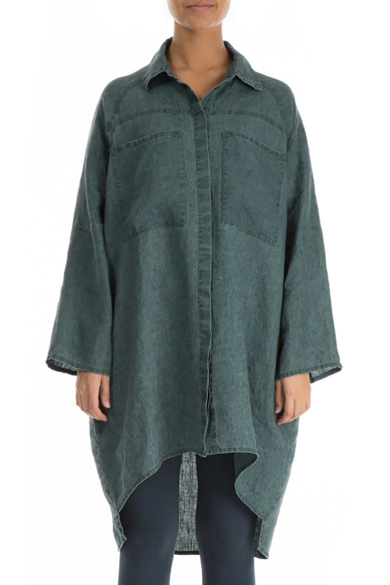 Wide Loose Teal Linen Shirt 1