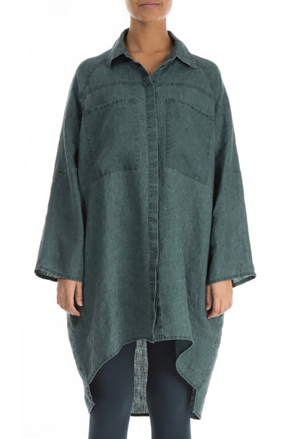 Wide Loose Teal Linen Shirt 1