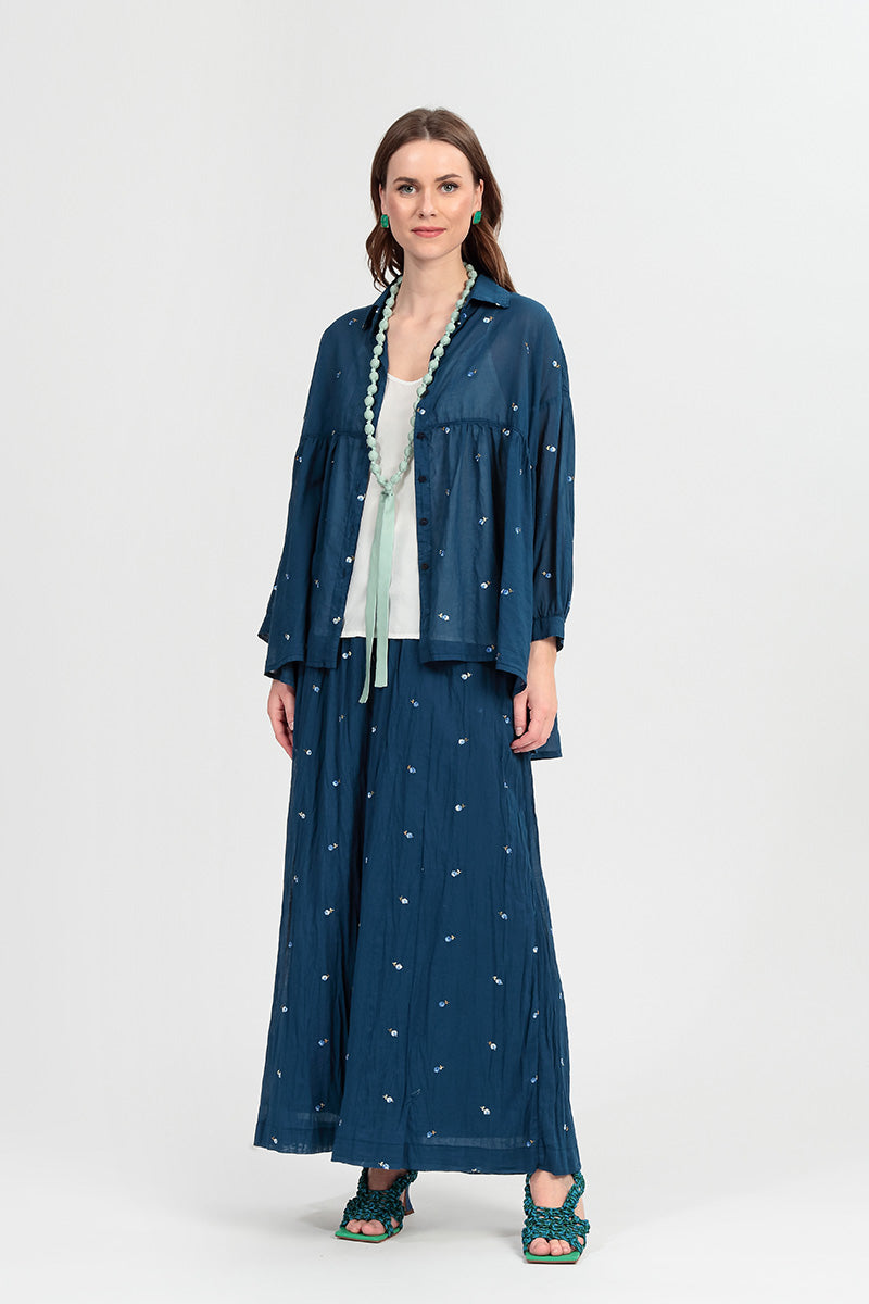 Wide Navy Embroidered Petals Crumpled Cotton Trousers 6