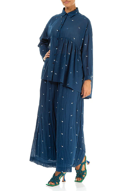 Wide Navy Embroidered Petals Crumpled Cotton Trousers 4