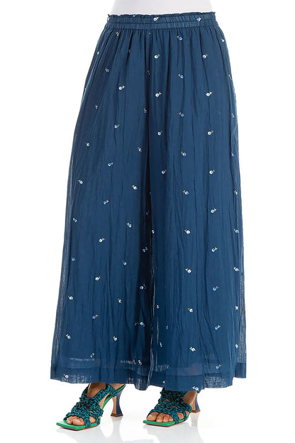 Wide Navy Embroidered Petals Crumpled Cotton Trousers 3