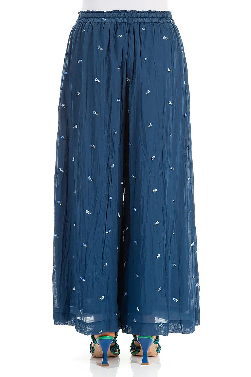 Wide Navy Embroidered Petals Crumpled Cotton Trousers 2