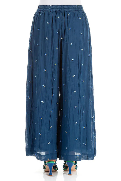Wide Navy Embroidered Petals Crumpled Cotton Trousers 2