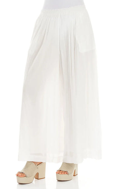 Wide Off White Crumpled Cotton Trousers