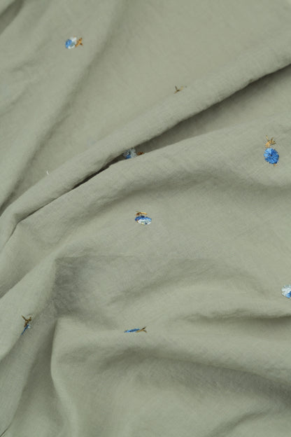 Wide Sage Embroidered Petals Crumpled Cotton Trousers 5