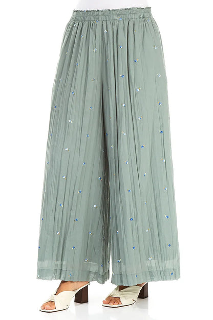 Wide Sage Embroidered Petals Crumpled Cotton Trousers 3