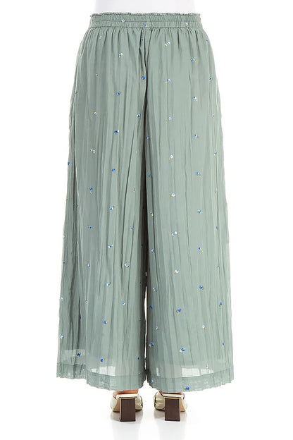 Wide Sage Embroidered Petals Crumpled Cotton Trousers 2