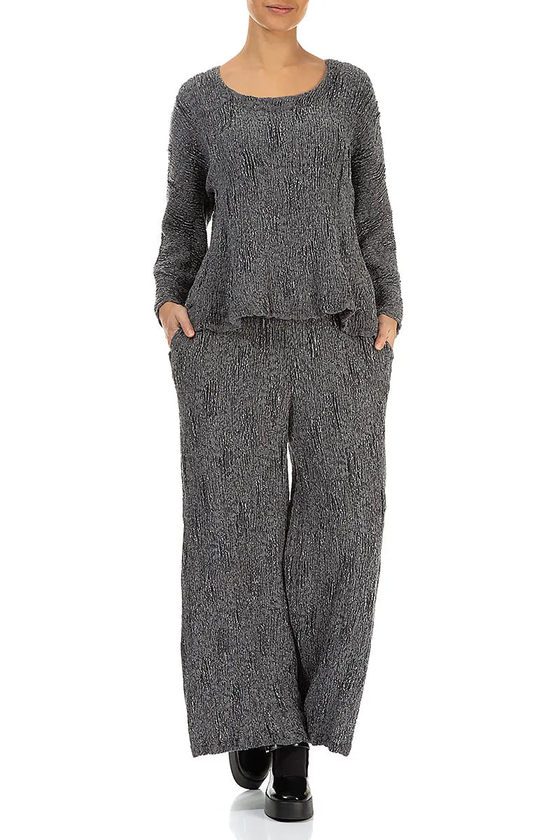 Pantalon large en lin et soie texturé argenté