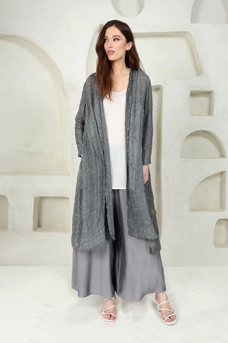 Wide Tiered Back Storm Grey Silk Bamboo Trousers 6